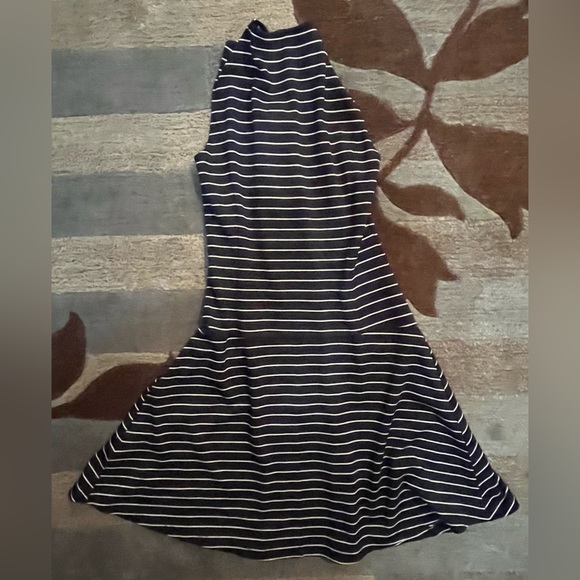 Theory Sleeveless Navy/White Stripe Drop Waist A-line Dress w Front Exposed Zip - Picture 6 of 8